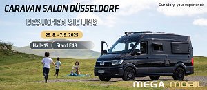 Mega Mobil campers onderweg naar Caravan Salon Düsseldorf